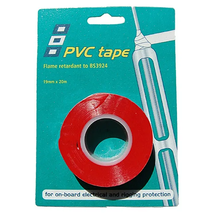 PSP Electrical & Rigging Tape - Rot, 20 m x 19 mm - Nahaufnahme einer Rolle rote PVC-Isolierbandes, flammhemmend nach BS3924, in der Größe 19 mm x 20 m, für elektrische und Takelage-Anwendungen.