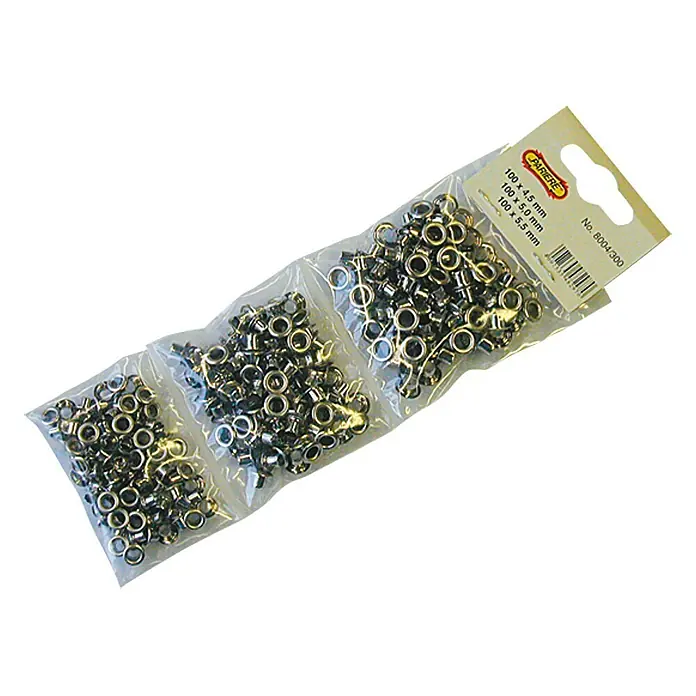 Pariere Ersatzösen - Stahl - Eine Packung Pariere Ösen in verschiedenen Größen (100 x 4,5 mm, 100 x 5,0 mm, 100 x 5,5 mm) für diverse Bastel- und Handwerksprojekte.