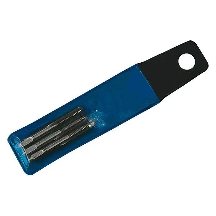 Pariere Handgewindebohrsatz - Größe: M 8, 3 Stk. - Ein Set mit Gewindebohrern in einer blauen Kunststoffverpackung mit schwarzem Aufhänger und Loch zur Präsentation oder Aufbewahrung.