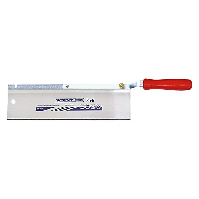 Wisent Sierra de tracción - Largo: 300 mm, Acero, Forma del mango: acodado - Imagen de una sierra de precisión Wisent Profi con mango rojo, ideal para trabajos de madera precisos.