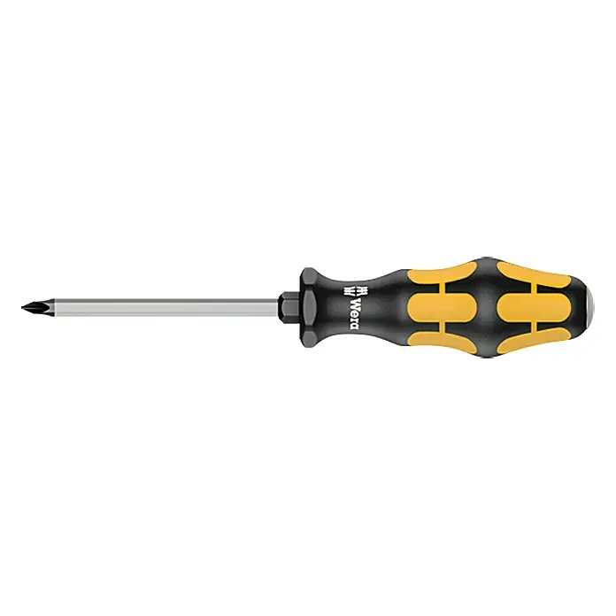 Wera Kraftform Plus Schraubmeißel 917 - PH 1, 80 mm - Ein Wera-Schraubendreher mit schwarzem Griff und gelben Akzenten, ideal für präzise Schraubarbeiten.