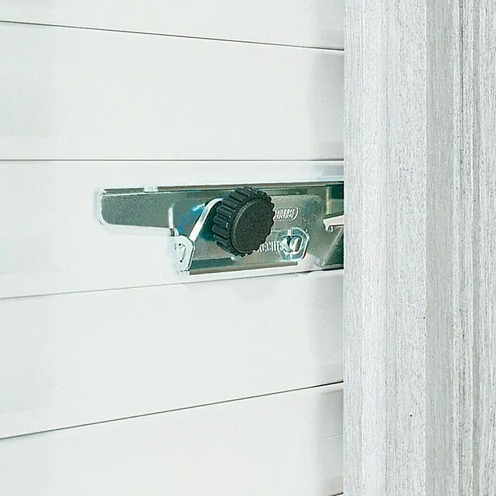 Abus Rollladensicherung RS 97 - Länge: 148 mm, 2 Stk. - Nahaufnahme eines Rollladens mit Verriegelungsmechanismus und Drehknopf.