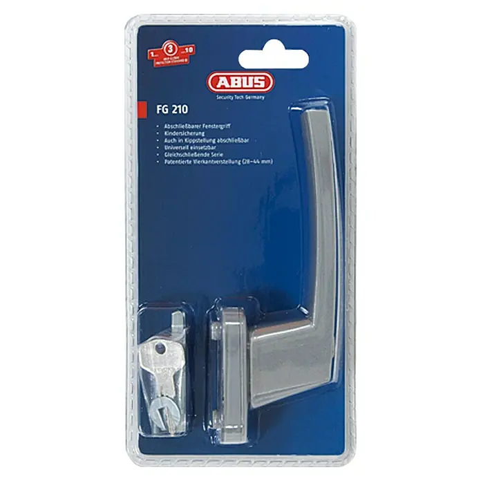 Abus Fenstergriff FG 210Silber, Abschließbar - Abus FG 210 Fenstergriff in Verpackung, abschließbarer Fenstergriff mit Kindersicherung, universell einsetzbar für erhöhte Sicherheit.