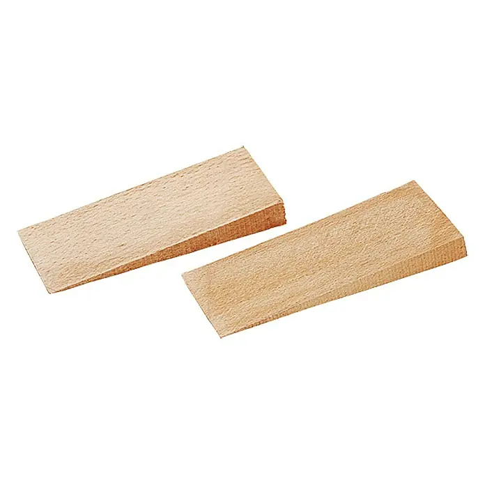 Stabilit Cuña de muebles - Madera dura, 20 ud. - Dos cuñas de madera, utilizadas para estabilizar muebles u otros objetos. Las cuñas son de madera clara.