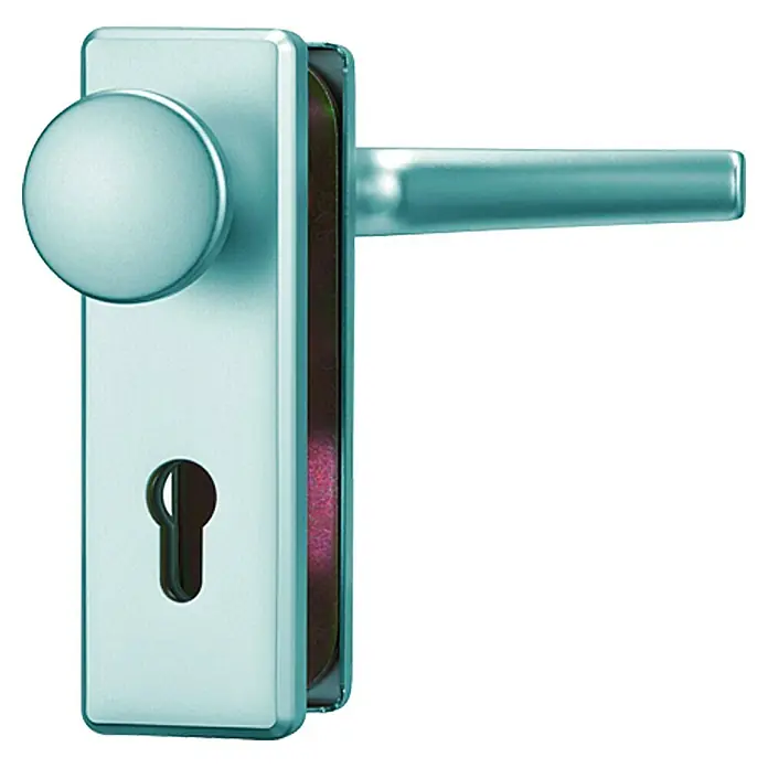 Abus Schutzbeschlag KKT 512Wohnungsabschlusstür, Aluminium, Stärke Tür: 37 mm - 47 mm, Knopf außen, Drücker innen - Nahaufnahme einer modernen Türklinke mit Schloss und rundem Knauf in Silberoptik. Elegantes Design für Innentüren.