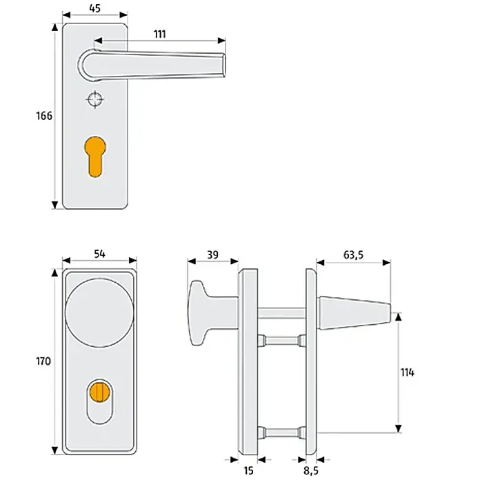 Abus Schutz-Wechselgarnitur KKZS 700 - Stärke Tür: 37 mm - 47 mm, Metall, Neusilber, Knopf außen, Drücker innen - Abbildung einer Türgarnitur mit Maßangaben. Das Produkt ist in verschiedenen Ansichten dargestellt, um alle Dimensionen zu zeigen.