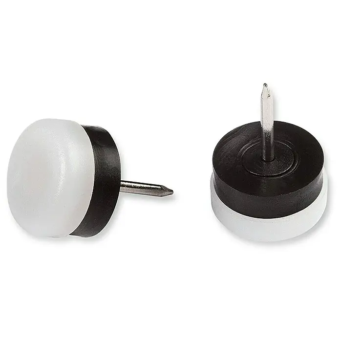 Stabilit Protector para muebles - Diámetro: 18 mm, Redonda, Blanco - Dos deslizadores para muebles con clavo, formados por un pie deslizante blanco, una pieza intermedia negra y un clavo para fijarlos.
