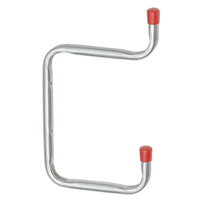 Stabilit Wand-Doppelhaken - Belastbarkeit: 25 kg, Stahl - Nahaufnahme einer silberfarbenen Fahrradaufhängung mit roten Endkappen, ideal zur platzsparenden Aufbewahrung von Fahrrädern.