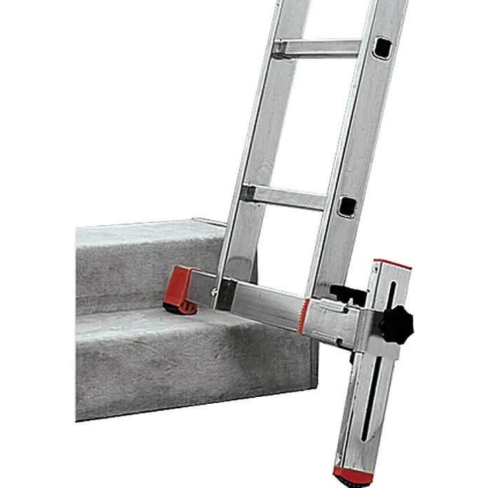 Krause NiveauausgleichGeeignet für: Leitern mit Quertraverse, Aluminium - Hier sehen wir einen Leiterspezialfuß für den Einsatz auf Treppen. Er ermöglicht einen sicheren Stand der Leiter auf unebenem Untergrund.