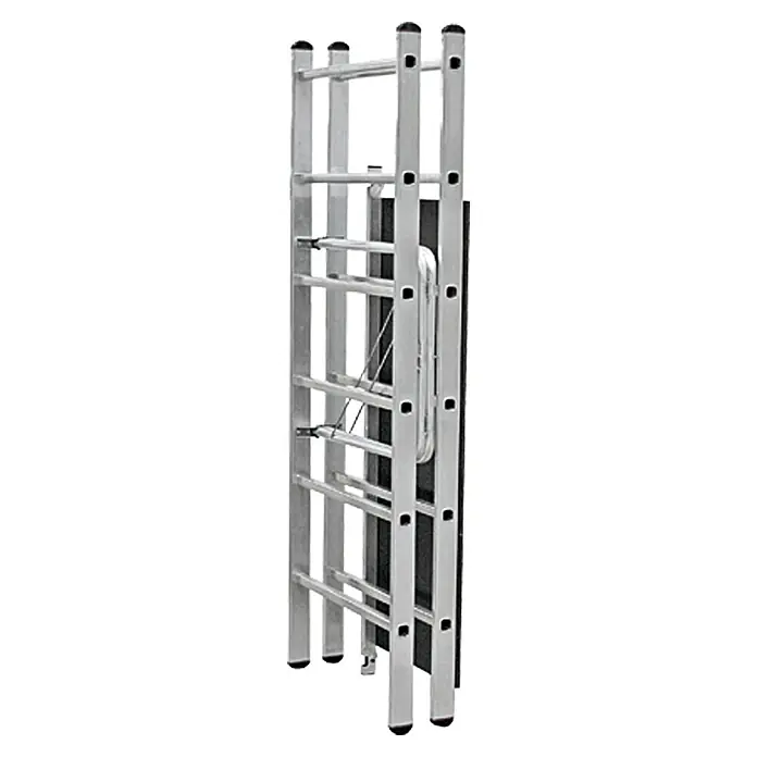 Krause Corda Klappgerüst - Arbeitshöhe: 2,8 m, Breite: 0,67 m - Abgebildete Aluminium-Mehrzweckleiter, zusammengeklappt für einfache Lagerung und Transport. Ideal für Haus- und Gartenarbeiten.