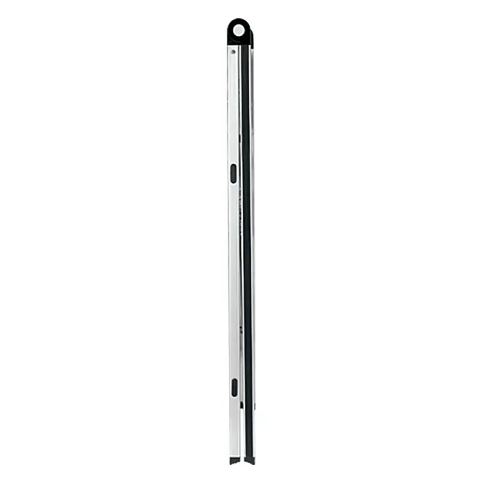 Stabilomat Basicline Escalerilla plegable Slim - Número de peldaños: 3 ud., Altura de trabajo: 2,75 m, Carga soportada: 150 kg, Aluminio - Una pantalla de proyección plateada estrecha y plegada con asa y detalles en negro, ideal para presentaciones.