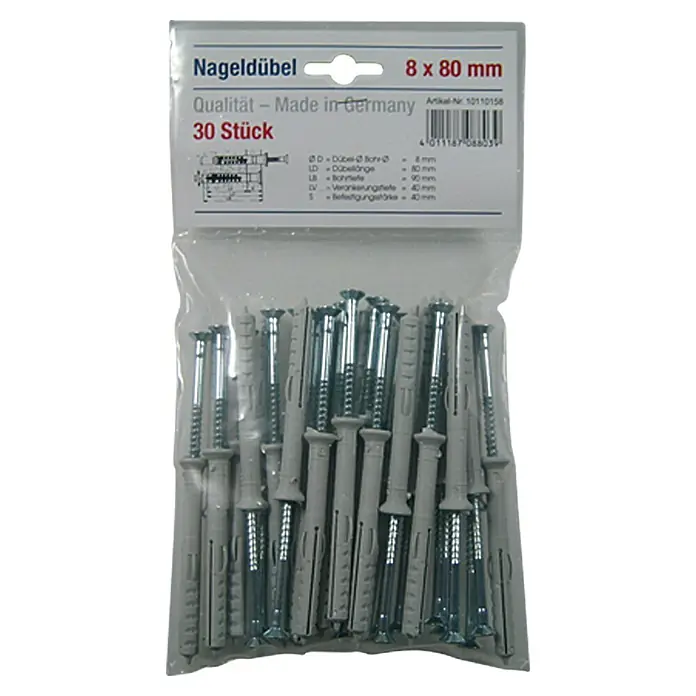 Schlagdübel - Durchmesser Dübel: 8 mm, Länge Dübel: 80 mm, 30 Stk., Nylon - Nagel Dübel 8 x 80 mm, 30 Stück. Der Artikel ist aus Deutschland und zeichnet sich durch hohe Qualität und einfache Anwendung aus.