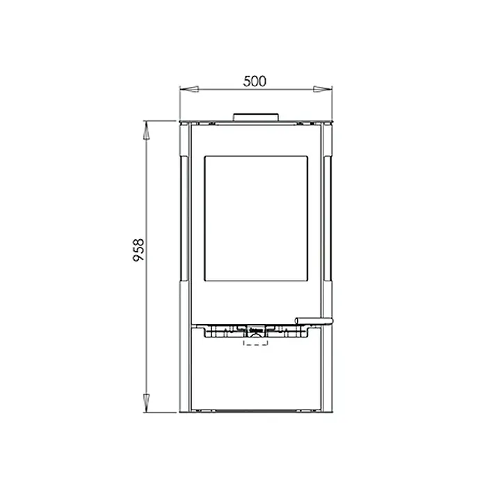 Aduro Kaminofen 9 Air - 8 kW, Raumheizvermögen: 334 m³, Material Verkleidung: Stahl, Schwarz - Abbildung eines Ofens mit den Maßen 500 mm Breite und 958 mm Höhe. Perfekt für wohlige Wärme in Ihrem Zuhause.