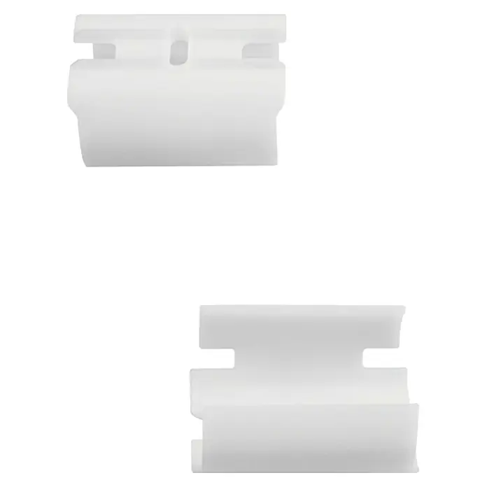 Osram LED-Unterbauleuchte TubeKIT - 8,9 W, Länge: 600 mm, Warmweiß - Nahaufnahme von zwei weißen, geformten Kunststoff-Clips, die wahrscheinlich für die Befestigung von Autoteilen oder Verkleidungen verwendet werden.