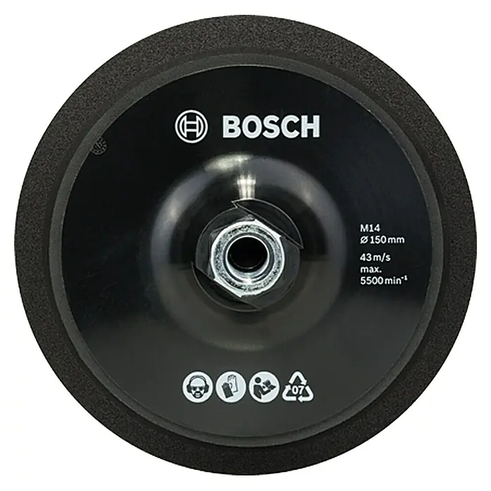 Bosch Stützteller - Durchmesser: 150 mm, Klettverschluss - Das Bild zeigt einen schwarzen Bosch Schleifteller mit zentraler Befestigungsmutter und technischen Spezifikationen.