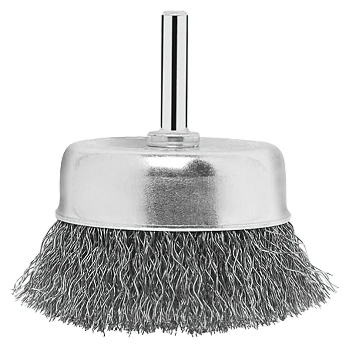 Bosch Cepillo de copa con alambre - Específico para: Portabrocas, Diámetro: 75 mm, Ondulado - Vista superior de un cepillo de alambre con vástago para quitar óxido y limpiar superficies metálicas, ideal para talleres y proyectos de bricolaje.