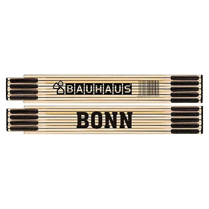 BAUHAUS Zollstock - Bonn, 2 m - Zusammengeklappter Zollstock mit den Aufschriften "Bauhaus" und "Bonn", ideal für genaue Messungen und als Sammlerstück für Designliebhaber.