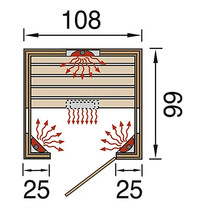 Weka Infrarotkabine Tanilla 1 - 99 x 108 x 190 cm, 1.700 W, 4 Keramikstrahler - Grundriss einer Infrarotsauna mit den Maßen 108 x 66 cm, Eckheizstrahler und Türanschlag links, ideal für kleine Räume und gesundes Schwitzen.