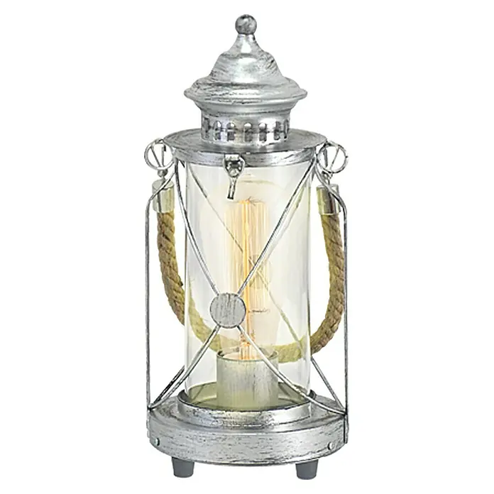Eglo Tischleuchte Bradford - 60 W, Silber, Ø x H: 14 x 33 cm - Maritime Tischleuchte mit Glaszylinder, Seilgriffen und antikem Silber-Finish für stimmungsvolle Beleuchtung im Innenbereich.