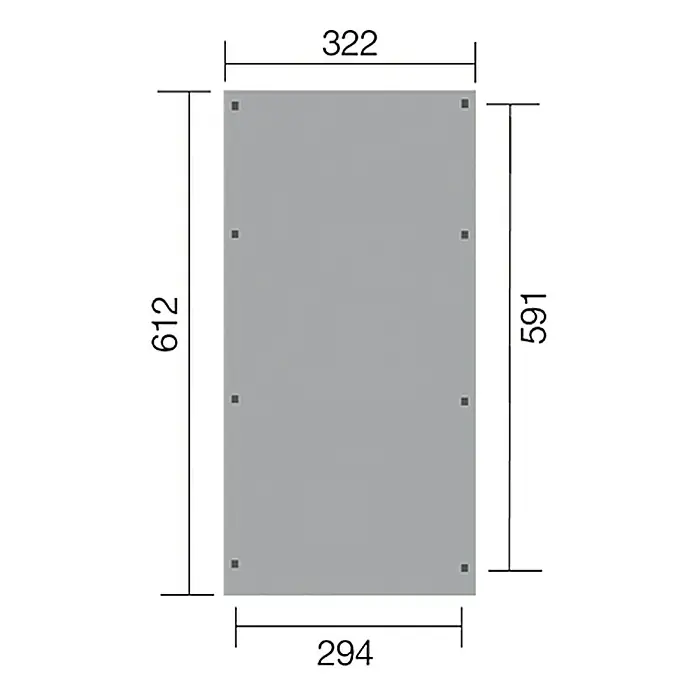Weka Carport Optima - Außenmaß inkl. Dachüberstand (B x T): 3,22 x 6,12 m, Einzelcarport, Kesseldruckimprägniert - Technische Zeichnung einer rechteckigen Platte mit den Maßen 322 x 612 bzw. 294 x 591, inklusive der Positionen von Befestigungslöchern.
