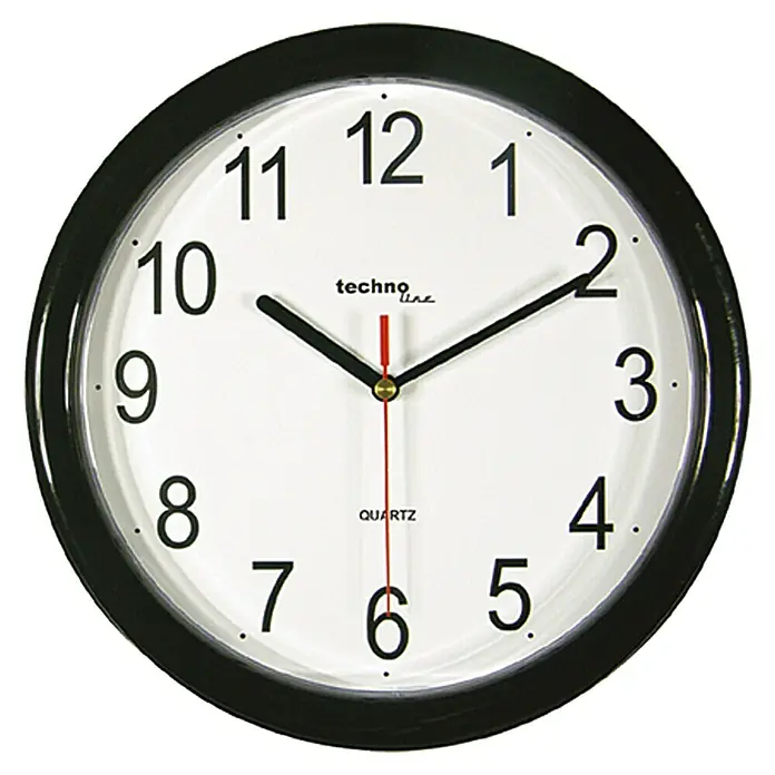 Wanduhr - Durchmesser: 25 cm, Schwarz/Weiß - Nahaufnahme einer runden Technoline-Wanduhr mit schwarzem Rahmen, die 10:10:30 anzeigt, vor einem weißen Hintergrund.