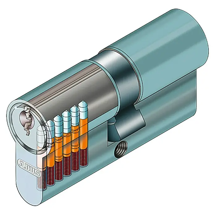 Abus Profilzylinder E20 - 2 -tlg., Baulänge innen: 30 mm, Baulänge außen: 30 mm, Anzahl Schlüssel: 5 Stk. - Abus-Schlosszylinder im Schnitt. Ein detaillierter Blick auf die inneren Mechanismen eines hochwertigen Schlosses, einschließlich der Stifte und Federn.