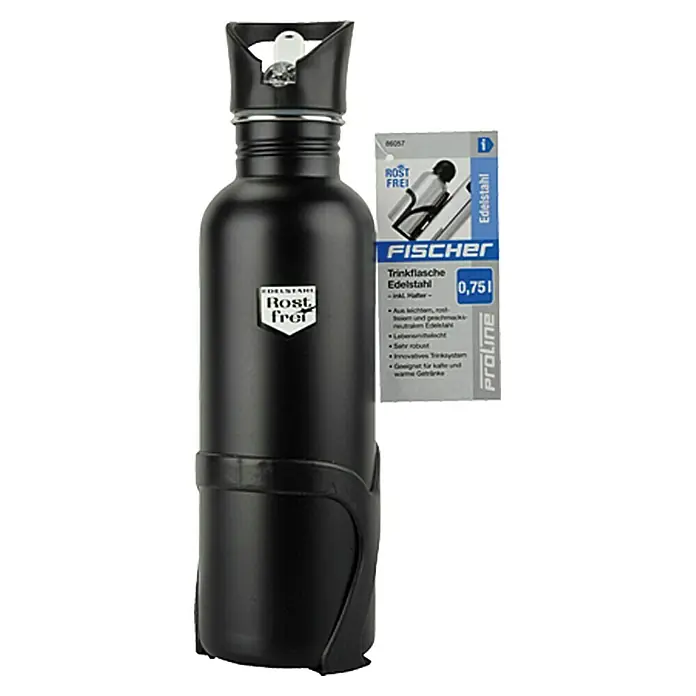 Fischer Trinkflasche - Edelstahl, 0,75 l, Innovatives Trinksystem mit Strohhalmprinzip - Abbildung einer schwarzen Fischer Proline Edelstahl Trinkflasche mit einem Fassungsvermögen von 0,75l.