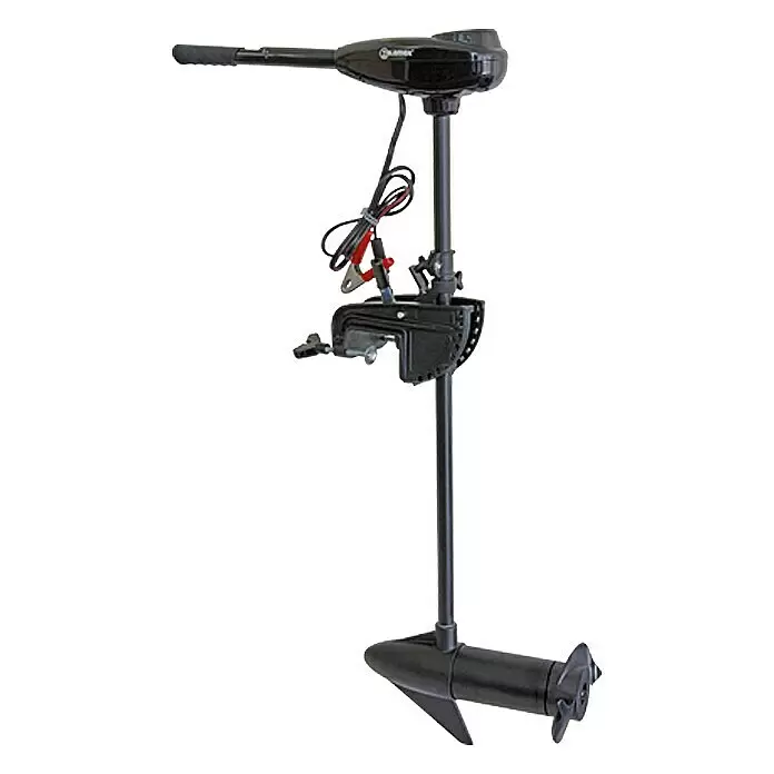 Talamex Motor fueraborda eléctrico TM 48 - 0,09 kW - 0,48 kW, Control de timón, Longitud del eje: 910 mm - Motor de curricán eléctrico negro con eje largo, empuñadura de control, soporte de popa y hélice.