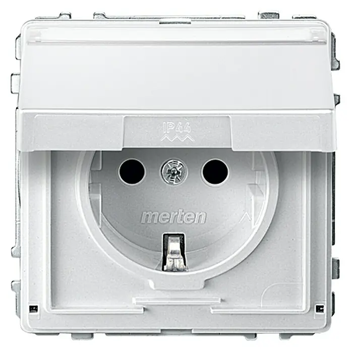 Merten Aquadesign Klappdeckelsteckdose MEG2310-7219 - Polarweiß, Kunststoff, IP44 - Nahaufnahme einer Merten Schuko-Steckdose mit Klappdeckel in Weiß, ideal für den Innen- und Außenbereich. Robuste Ausführung mit IP44-Schutz.