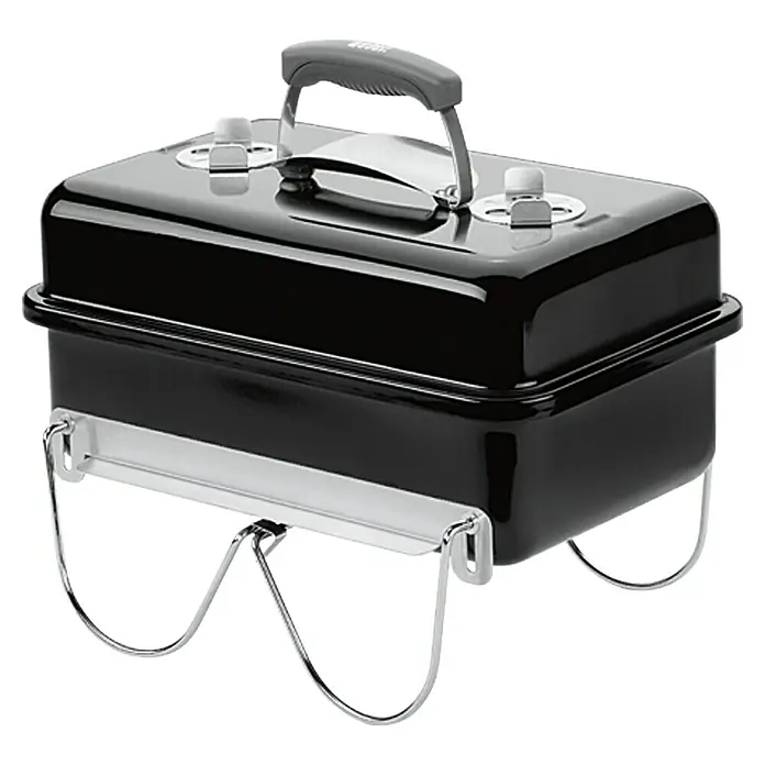 Weber Go-Anywhere Barbacoa de carbón - Superficie de la parrilla (An x Pr): 42 x 26 cm, Negro - Barbacoa portátil de carbón negra, ideal para picnics y camping. Diseño compacto con patas cromadas y asa para un fácil transporte.