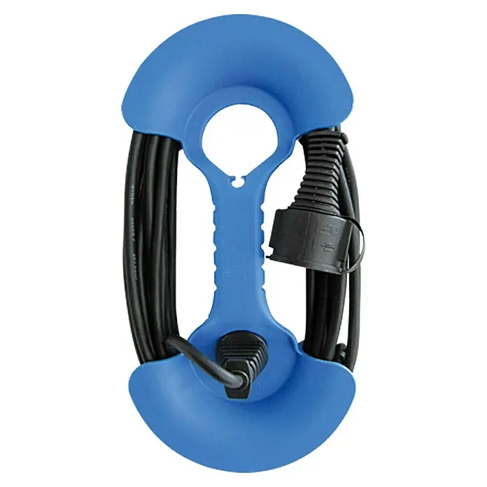 Kabelhantel - Blau, Kunststoff - Eine blaue Kabeltrommel mit schwarzem Kabel, die das Kabel ordentlich und griffbereit hält. Ideal für Werkstatt oder Baustelle.