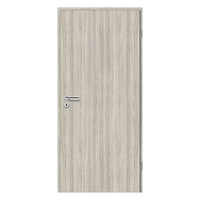 GetaDoor Lamineo Zimmertür GLN 38 - 735 x 1.985 mm, DIN Anschlag: Rechts, Eiche Silber, Röhrenspan - Eine moderne, graue Holztür mit silbernem Türgriff und Schlüsselloch, ideal für ein stilvolles Zuhause.