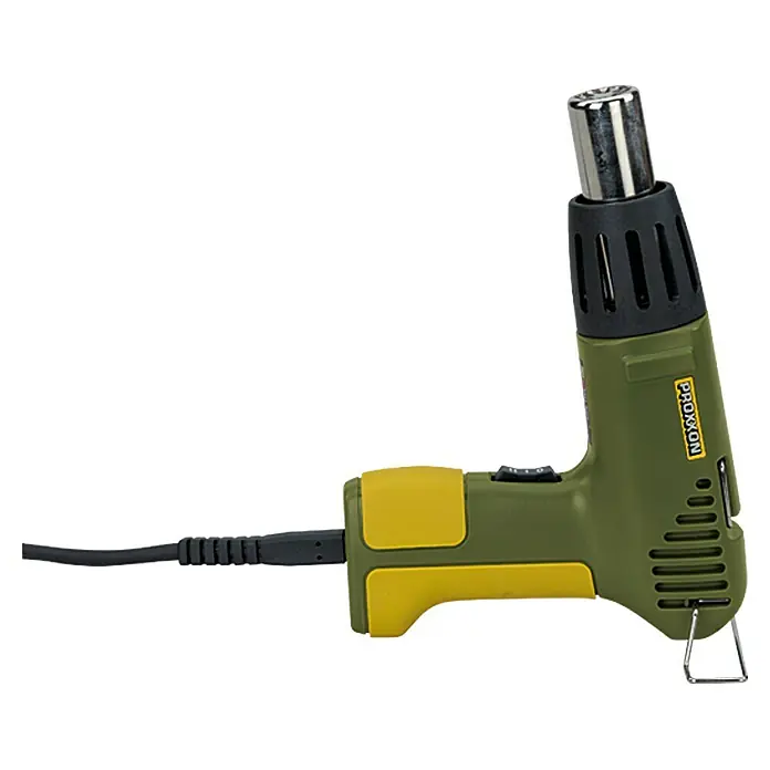 Proxxon Micromot Micro-Heißluftgebläse MH 550 No 27130 - 500 W, Temperaturbereich: 350 °C - 500 °C, Luftmenge: 180 l/min - Ein Proxxon Heißluftgebläse in Grün und Gelb, ideal für Modellbau und Bastelarbeiten. Kompaktes Werkzeug für präzises Erhitzen.