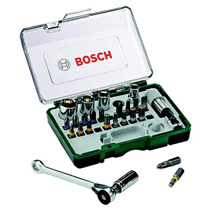 Bosch Schrauberbit- & Ratschen-Set - 27 -tlg. - Ein Bosch-Werkzeugset mit Steckschlüsseln, Bits und einem Ratschenschlüssel, ideal für vielfältige Schraubarbeiten.