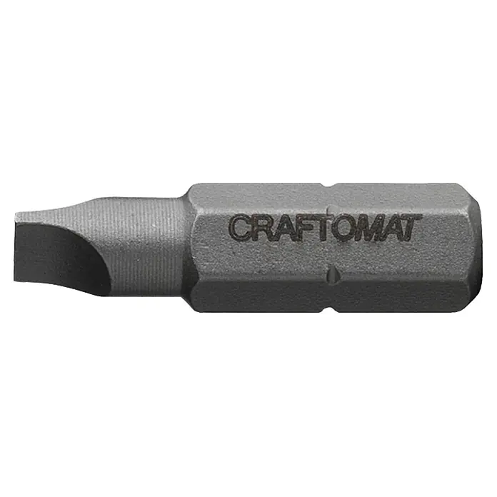 Craftomat Bit Standard - SL 0,8 x 4,5/1 x 5,5, 2 -tlg. - Nahaufnahme eines grauen Craftomat Schlitzschrauberbits mit dem Logo des Herstellers.
