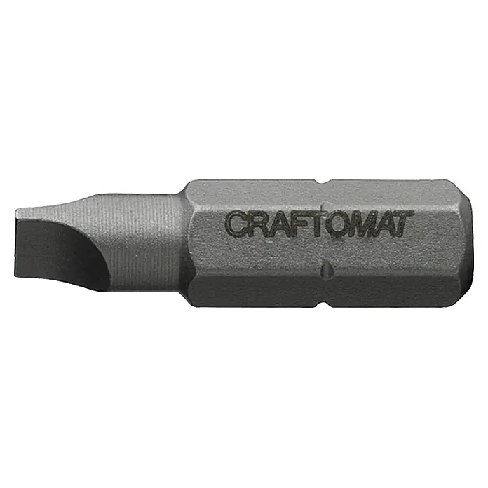 Craftomat Bit Standard - SL 0,8 x 4,5/1 x 5,5, 2 -tlg. - Nahaufnahme eines grauen Craftomat Schlitzschrauberbits mit dem Logo des Herstellers.