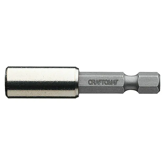 Craftomat Bithalter - 50 mm, Magnetisch, Edelstahl - Das Bild zeigt einen magnetischen Bithalter der Marke Craftomat, der für Schraubarbeiten mit Bohrmaschinen verwendet wird. Er ist silberfarben.
