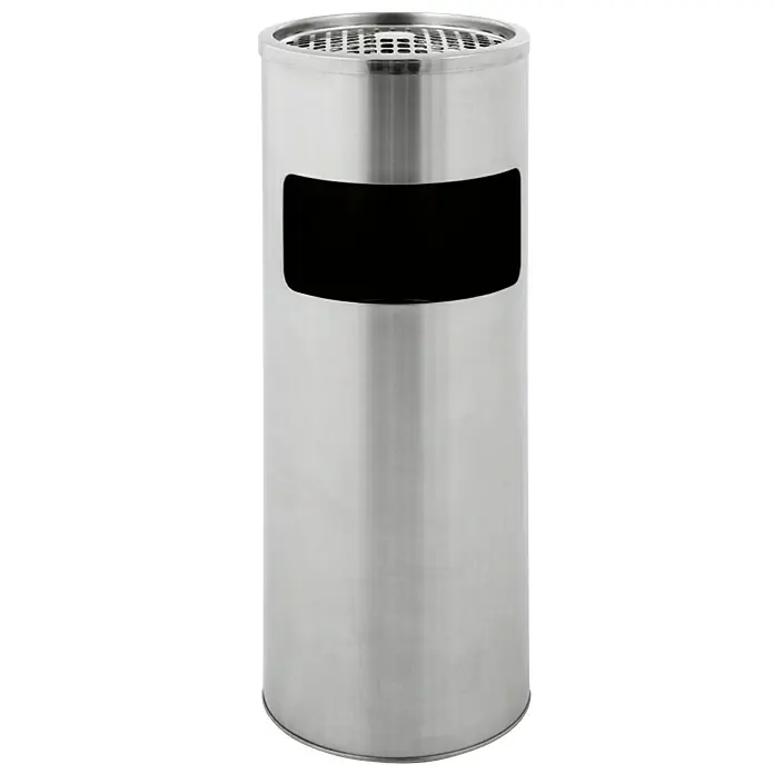 Vepa Bins Ascher-Papierkorb - Durchmesser: 25 cm, Höhe: 61 cm, Silber - Ein silberner, zylindrischer Standascher mit einem schwarzen Loch in der Mitte und einem Gitterdeckel für den Außenbereich.