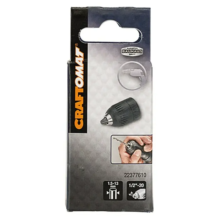 Craftomat Portabrocas de cambio rápido - 1,5 mm - 13 mm, Acero - Embalaje del producto con un portabrocas Craftomat. El portabrocas es negro y plateado con un rango de sujeción de 1,5-13 mm.