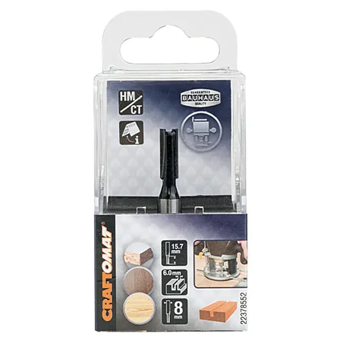 Craftomat Fresa de ranurado - 6 mm, Diámetro vástago: 8 mm - Embalaje de una fresa de ranurar Craftomat HM CT, mostrando dimensiones y ejemplos de uso.