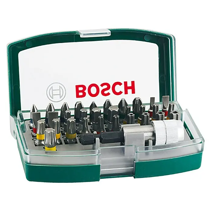 Bosch Bit-Set Promoline - 32 -tlg. - Das Bosch Schrauberbit-Set, übersichtlich in einem grünen Koffer, bietet eine große Auswahl an Bits für unterschiedliche Schraubanwendungen.