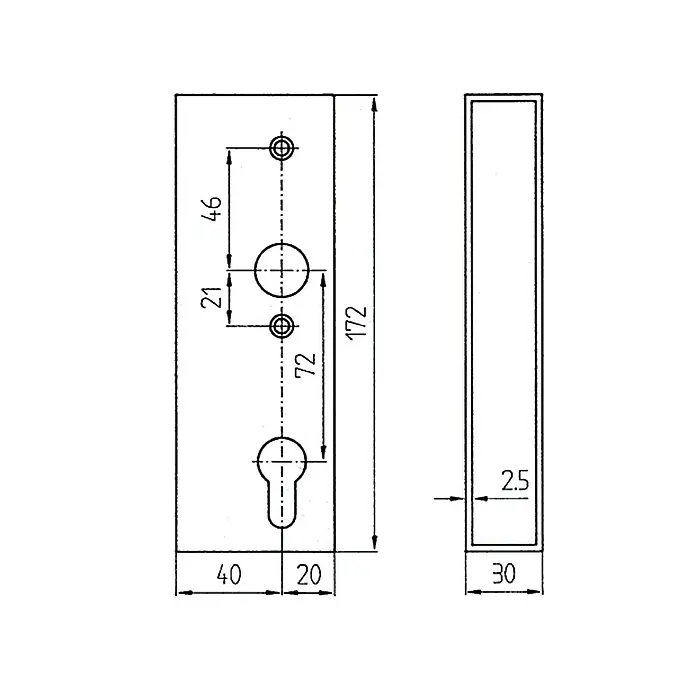 Gartentor-Einsteckschloss - Links/Rechts, Dornmaß: 40 mm - Technische Zeichnung eines Türschlosses mit genauen Abmessungen und Ansichten für Installationszwecke.