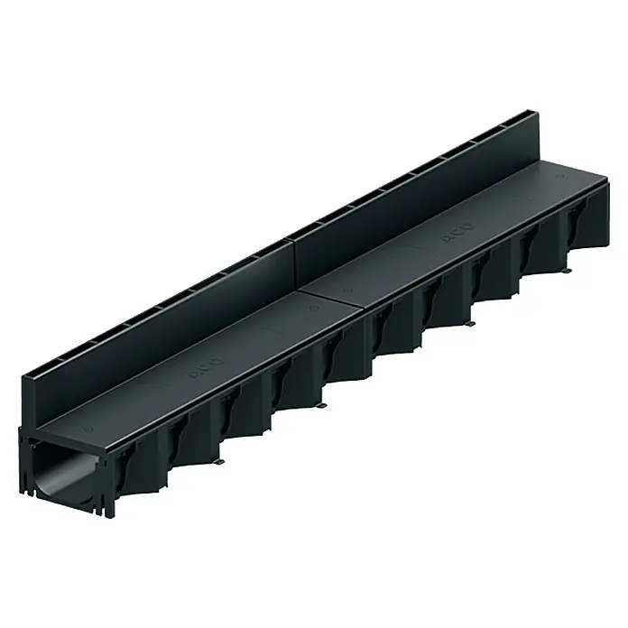 ACO Hexaline Schlitzaufsatz-Rinne 2.0 - 100 x 13 x 14 cm - Schwarze ACO-Entwässerungsrinne aus Kunststoff mit gerader Linienführung für den Einsatz im Außenbereich, um Wasser abzuleiten.