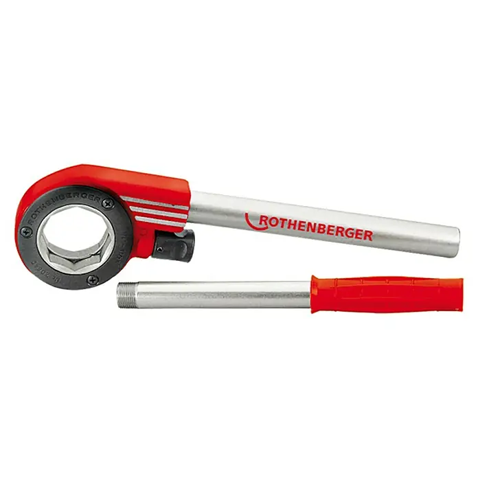 Rothenberger Industrial Palanca de carraca - Apto para: Cabezales de terraja con alojamiento octogonal - Imagen de un cortatubos Rothenberger con mango rojo y eje plateado, diseñado para trabajos de tuberías precisos.