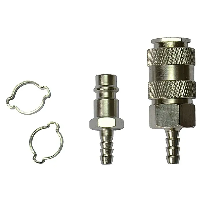 Craftomat Schlauchkupplungs-Set Universal - 6 x 11 mm - Das Bild zeigt ein Schnellkupplungs-Set für den Anschluss von Schläuchen. Das Set beinhaltet zwei Schlauchschellen und zwei Metallkupplungen.