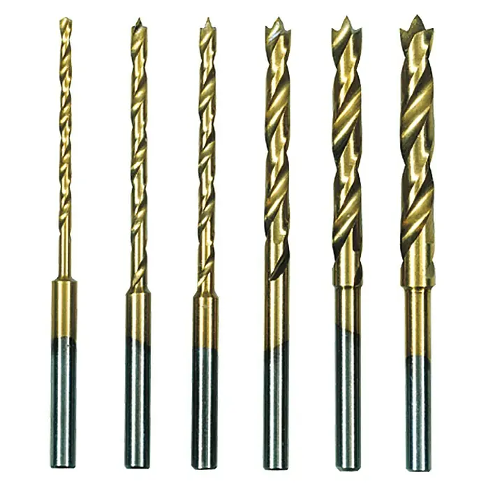 Proxxon Spiralbohrersatz 28876 - Titanbeschichtet, 6 -tlg. - Bild von sechs Holzbohrern unterschiedlicher Größe, die nebeneinander aufgereiht sind.