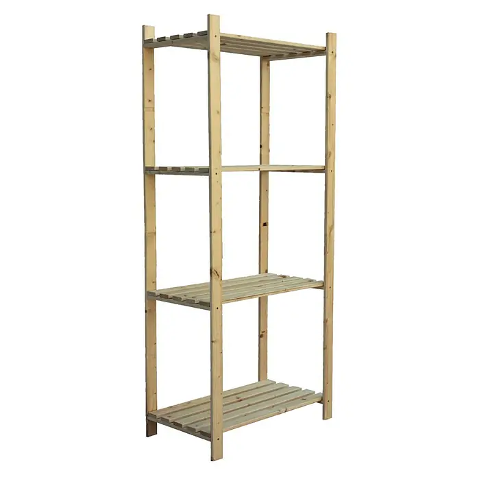 Regalux Regalsystem Heavy Holzregal - H x B x T: 170 x 75 x 40 cm, Traglast pro Boden: 65 kg, Anzahl Böden: 4 Stk., Schrauben, Natur - Das Bild zeigt ein helles Holzregal mit vier Ablagen und einer einfachen Konstruktion, ideal für Lagerzwecke.