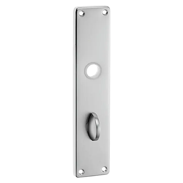 WC-Langschild - Distanznorm: 78 mm, Aluminium - Nahaufnahme einer glänzenden, silbernen Türschildgarnitur mit einem Drehknauf und Befestigungslöchern.