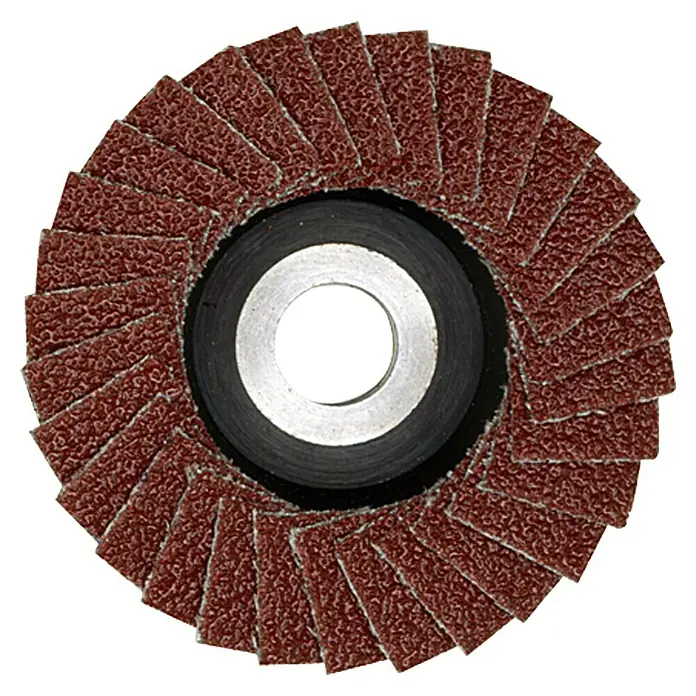 Proxxon Lamellenschleifer No 28590 - 50 mm, Körnung: 100, Passend für: Proxxon Micromot Langhals-Winkelschleifer LWS - Nahaufnahme einer Lamellenschleifscheibe mit radial angeordneten Schleifblättern und einer zentralen Aufnahme.