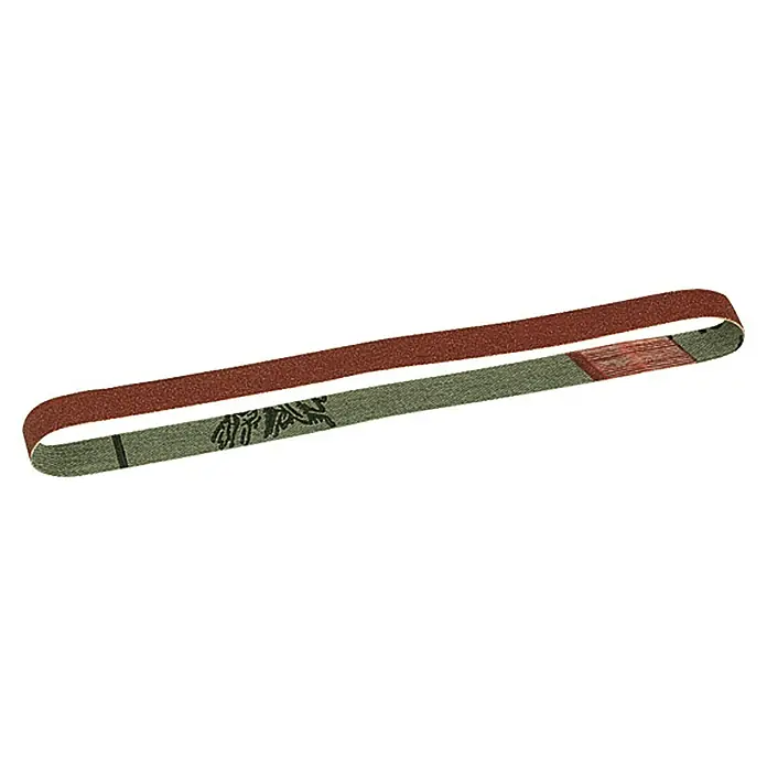 Proxxon Schleifband - 300 x 10 mm, Körnung: 180, Siliziumkarbid, 5 Stk. - Das Bild zeigt einen braunen Schleifband, ein Werkzeug zum Glätten von Oberflächen. Das Band ist endlos und auf einer Seite mit einer grünen Textur versehen.